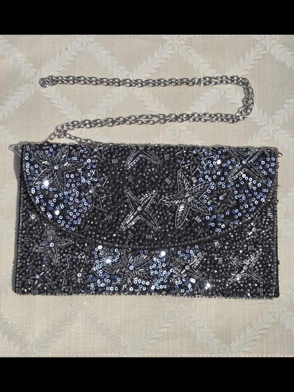 Stars In Your Eyes Black Beaded Sequin Star Clutch with Chain Strap